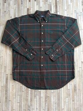 Ralph Lauren Men's L 100% Cotton Brown Red Green Plaid Button Down Shirt